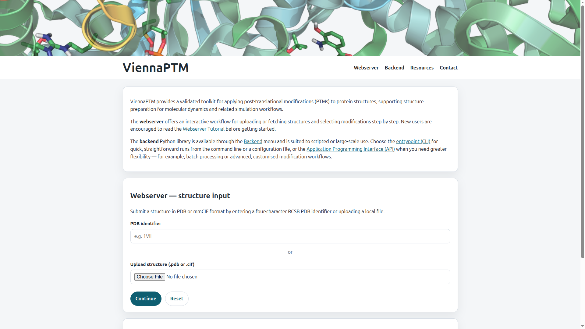 ViennaPTM home page with PDB identifier field and file upload form