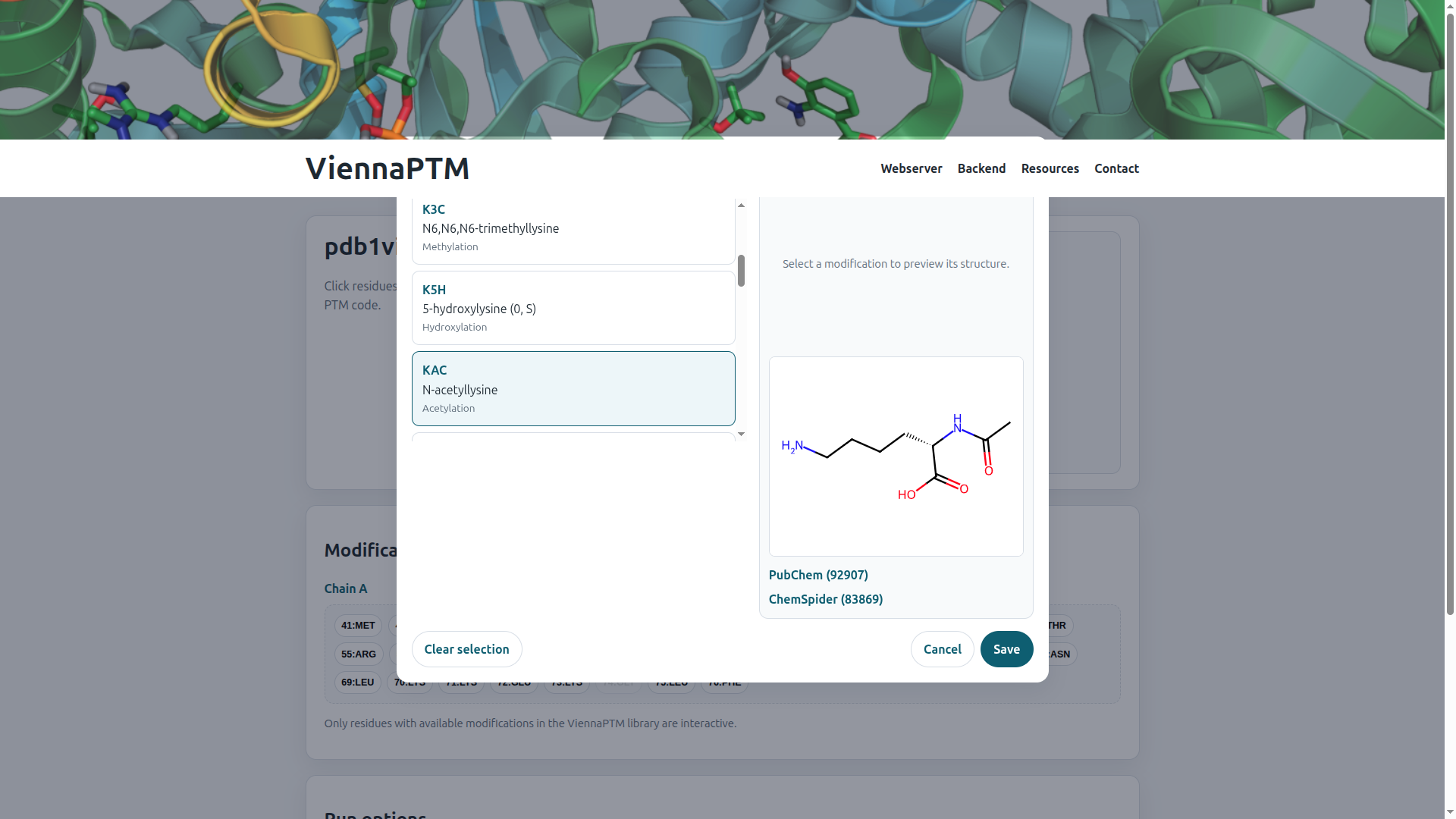 Modification overlay showing lysine PTMs with 2D structure preview and database links