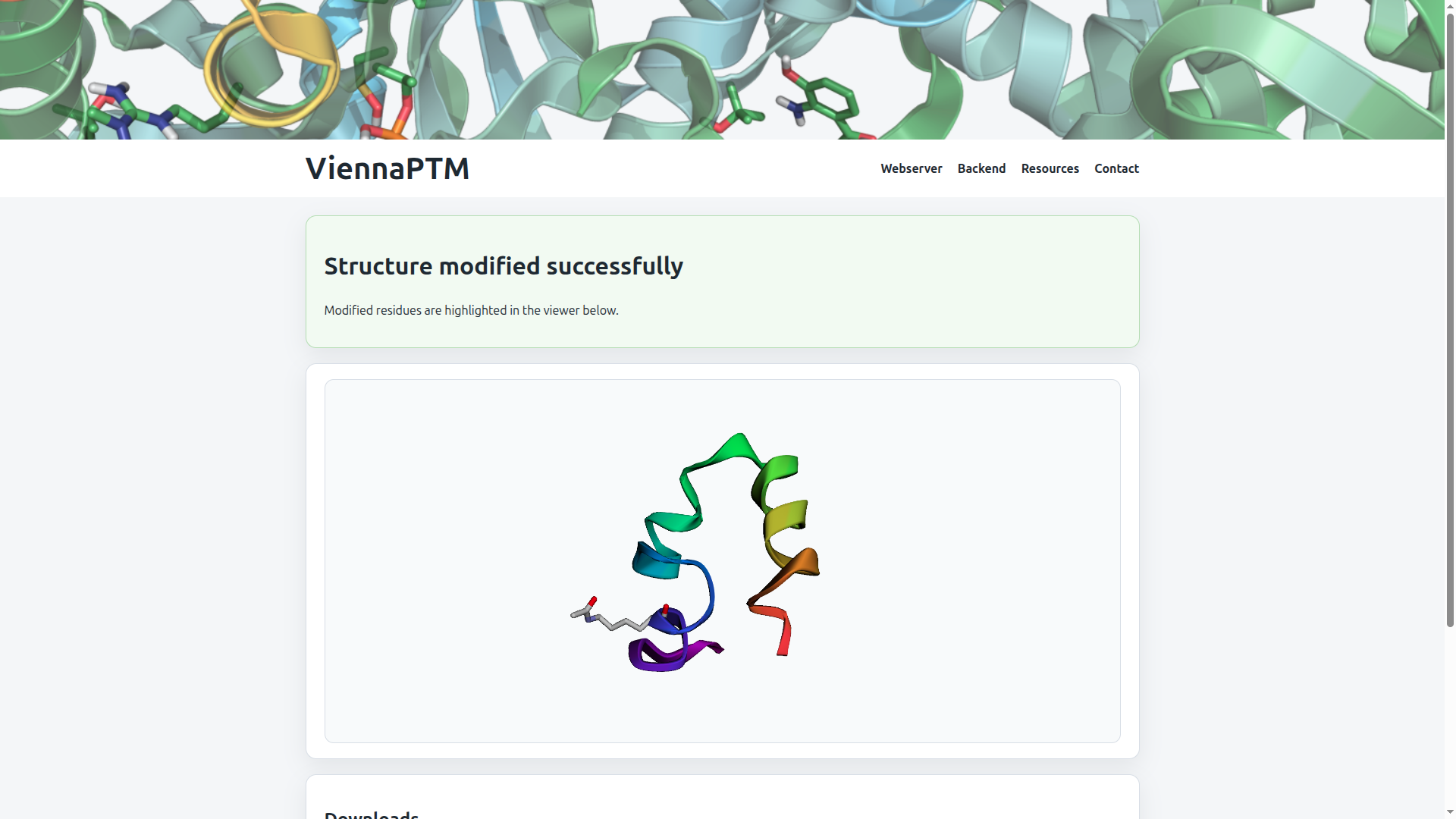 Results page with success message, 3D viewer showing highlighted modified residue, and download links